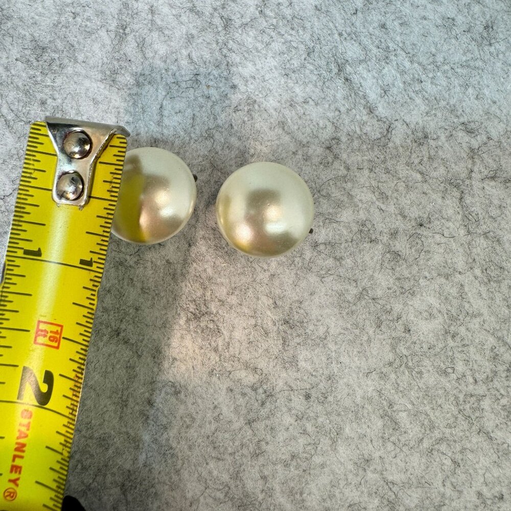 Vintage Sterling Silver & Faux Pearl Clip-On Earrings MCM Button shaped - Picture 10 of 10
